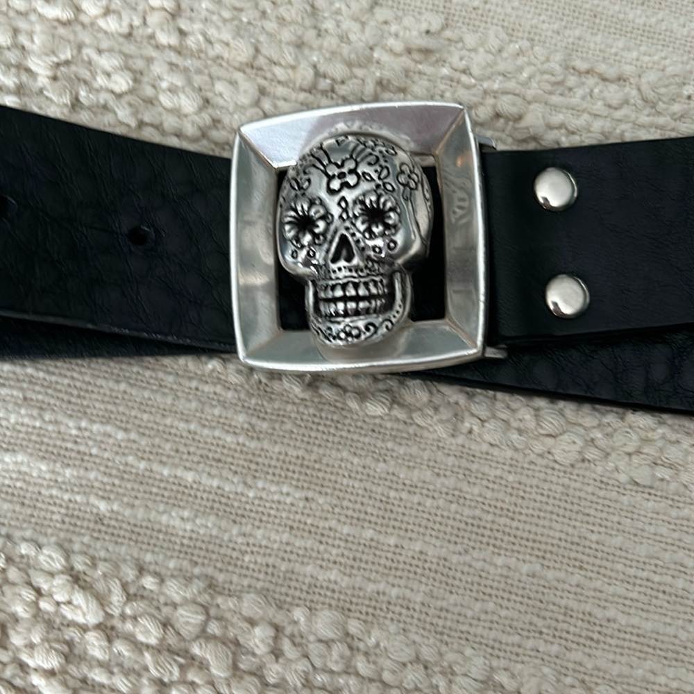 Black Leather Belt with Silver Sugar Skull Buckle